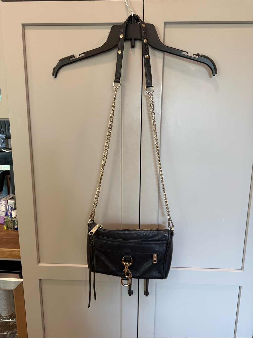 Rebecca Minkoff Black Leather Crossbody with Gold Chain Strap